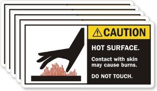 Caution Hot Surface Contact With Skin May Cause Burns Do Not Touch, Laminated Vinyl Labels, 5 Labels / Pack, 5" x 2.5"  