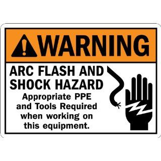 SmartSign Adhesive Vinyl Label, Legend "Warning Arc Flash and Shock Hazard PPE Required" with Graphic, 7" high x 10" wide, Black/Orange on White Industrial Warning Signs