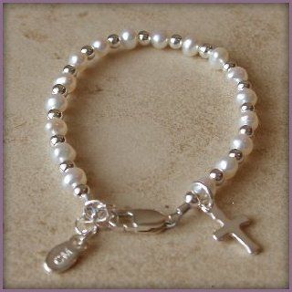 Made in Usa! First Communion Bracelet Sterling Silver Girls Childrens Jewelry, Freshwater Pearl Bracelet Features an Adorable Little Cross. Perfect for Christmas, First Communion, Easter, Graduation, Sunday Dress, Christening or Birthday.: Jewelry