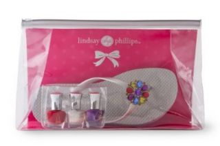 Lindsay Phillips 'Pedi Set Go' Silver Jordi Flip Flops with Multi Colored Snap and 3 Mini Nail Polishes   Size 6: Shoes