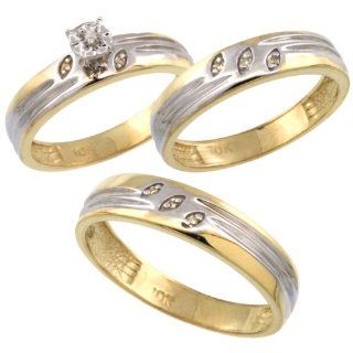 10k Gold 3 Pc. Trio His (5mm) & Hers (4.5mm) Diamond Wedding Ring Band Set, w/ 0.075 Carat Brilliant Cut Diamonds (Ladies' Sizes 5 10; Men's Sizes 8 to 14): Jewelry