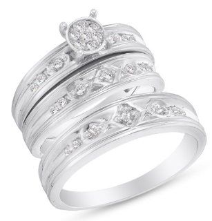 10K White Gold Round Brilliant Cut Diamond Mens and Ladies Couple His & Hers Trio 3 Three Ring Bridal Matching Engagement Ring Wedding Band Set   Channel Set Center with Prong Set Side Stones   Round Shape Center Setting   (1/4 cttw.)   SEE "PRODU
