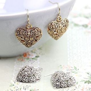 antique style filigree heart earrings by lisa angel