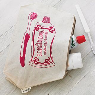 screen printed 'toothpaste' wash bag by megan alice england