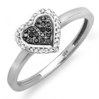 0.15 Carat (ctw) Sterling Silver Round Black and White Diamond Ladies Promise Heart Love Engagement Ring: Jewelry