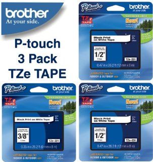 Brother Laminated Black on White Laminated Tape 3PACK (TZe 231 1/2"   12mm) & (TZe 221 1 x 3/8"   9mm): Office Products