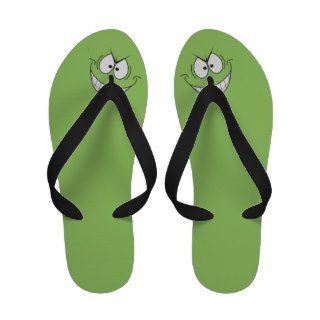 Cartoon smiley face novelty green black flip flops