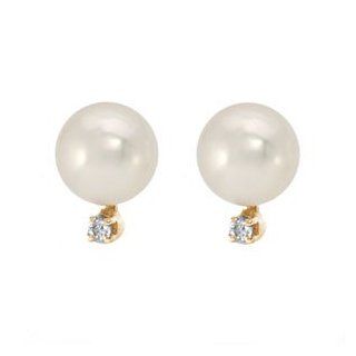 14k Yellow Gold Akoya Pearl & Diamond Earrings (7.50 mm): Stud Earrings: Jewelry