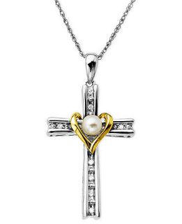 14k Gold and Sterling Silver Necklace, Cultured Freshwater Pearl and Diamond Accent Cross Pendant   Necklaces   Jewelry & Watches