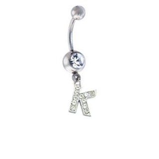 Letter " K " Custom Inital Crystal White & Silver Gem Sexy Belly Navel Ring (14g, 316L Surgical Grade Steel): Body Piercing Rings: Jewelry