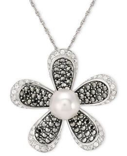 Genevieve & Grace Sterling Silver Necklace, Marcasite and Glass Pearl Flower Pendant   Necklaces   Jewelry & Watches
