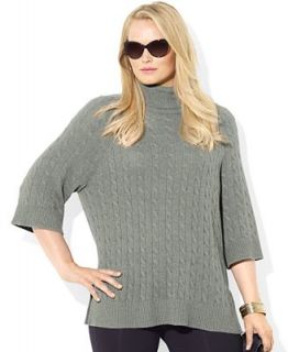 Lauren Ralph Lauren Plus Size Three Quarter Sleeve Oversize Cable Knit Turtleneck   Sweaters   Plus Sizes