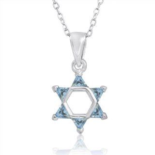 Light Blue Glass Sterling Silver Star of David Pendant on 18" Chain Necklace: Jewelry