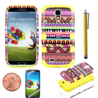 3 Layers Hybrid High Impact Case Pink Indian Tribal Patten Hard Shell+ Yellow Shock Proof Silicone Skin Case Cover for Samsung Galaxy S4 S Iv I9500 + Screen Protector + Stylus+american Lucky Penny: Cell Phones & Accessories
