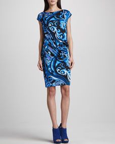 Emilio Pucci Side Ruched Printed Cap Sleeve Dress, Blue