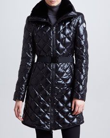 Moncler Long Belted Fur Collar Puffer Coat, Black