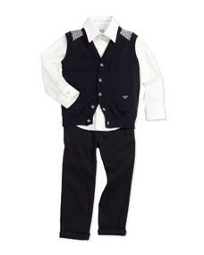 Armani Junior Knit Button Down Vest, Stretch Poplin Button Down Shirt & Twill Dress Pants