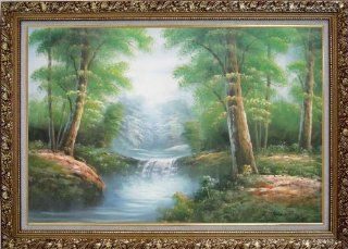 Mountain Water Cascade in Early Spring Large Oil Painting, with Ornate Gold Wood Frame 30x42 Inch  