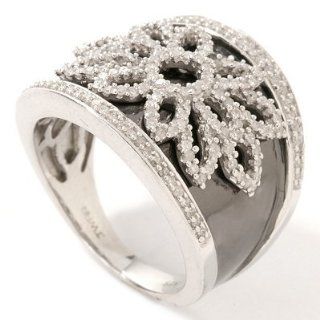 Sterling Silver/Platinum Black Rhodium & Diamond Flower Ring: Jewelry