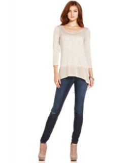 Jessica Simpson Short Sleeve Studded Marled Knit Sweater & Skinny Two Tone Wash Jeans   Juniors