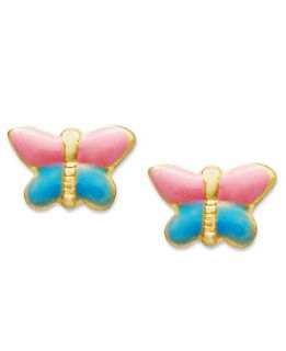Childrens 14k Gold Earrings, Pink and Blue Butterfly Stud   Earrings   Jewelry & Watches