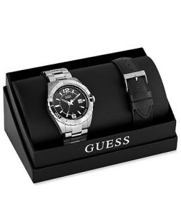 GUESS Watch Set, Mens Interchangeable Stainless Steel Bracelet and Black Croco Grain Leather Strap 44mm U0275G1   Watches   Jewelry & Watches