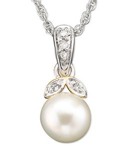 14k Gold and Sterling Silver Pendant, Cultured Freshwater Pearl and Diamond Accent   Necklaces   Jewelry & Watches