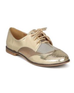 Qupid Strip 113X New Metallic Leatherette Oxford Mesh Round Toe Lace Flat   Gold (Size: 6.5): Shoes