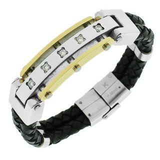 Stainless Steel Black Leather Two Tone Silver Yellow Gold White Crystals Mens Bracelet with Clasp: Bangle Bracelets: Jewelry