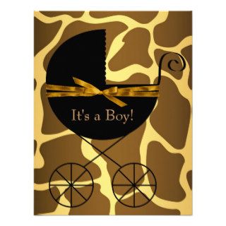 Gold Brown Carriage Boy Giraffe Baby Shower Custom Invitations