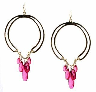 Jessica Simpson Earrings, Gold Tone Double Hoops with Pink Teardrop Beads Earrings Jessica Simpson Jewelry