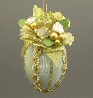 "Judith" by Towers and Turrets   Pastel Mint Green Moire Faille Fabric Easter Egg Christmas Ornament with Parchment Roses   Victorian Inspired, Handmade : Decorative Hanging Ornaments : Everything Else