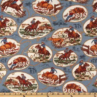 44'' Wide Western Trails Cowboy Cameo Blue/Cream Fabric By The Yard