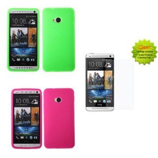 Fincibo (TM) Combo 3, Silicone Skin Soft Gel Cover Case   Neon Green + Hot Pink + 1X Clear Screen Protector For HTC One M7: Cell Phones & Accessories
