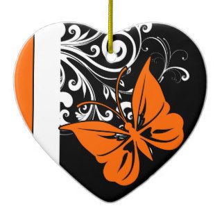 Orange Butterfly Flourish Heart shaped Ornaments