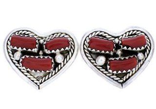 Native American Navajo Sterling Silver Coral Heart Earrings AW71010: SilverTribe: Jewelry
