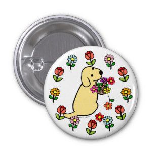 Yellow Labrador Puppy Flower Basket Cartoon Pinback Button
