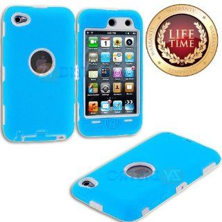myLife (TM) Sky Blue + White Armored Survivor (Built In Screen Protector) Shockproof Case for iPod 4/4S (4G) 4th Generation iTouch (Full Body Armor Outfit + Soft Silicone External Shock Proof Gel + 2 Piece Internal Snap On Shield + Lifetime Warranty + Seal