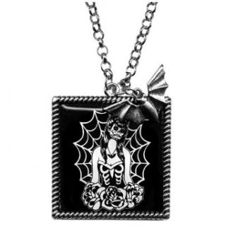 Black Webbed Girl Frame Necklace with Bat Accent Charm from Sourpuss Clothing: Clothing