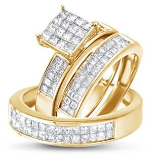 Size   4   14k Yellow Gold Diamond Mens and Ladies Couple His & Hers Trio 3 Three Ring Bridal Matching Engagement Wedding Ring Band Set Invisible Channel Set Princess Shape Solitaire Style Center Setting with Side Stones Princess Cut Diamond Ring (1.70