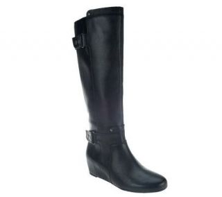 Franco Sarto Knee High Leather Wedge Boots w/ Buckle Detail —