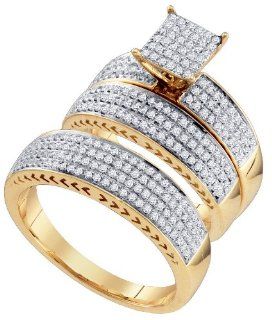10K Yellow Gold 2 Two Tone Illusion Setting Square Shape Center with Side Stones Micro Pave White Round Diamonds Mens Womes Ladies His Hers Trio 3 Three Rings Wedding Engagement Ring Band Bridal Set ( 0.97 cttw H   I Color I2 Clarity )   Size 6: IceNGold: 