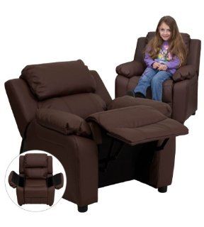 Deluxe Heavily Padded Contemporary Brown Leather Kids Recliner with Storage Arms  Desk Chairs 