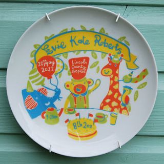 personalised jungle theme baby birth plate by ethel and co