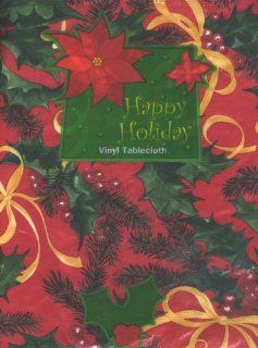 Vinyl Tablecloth with Flannel Back 52" x 70" Oblong, Happy Holiday with Ribbon, Pine Leaves, Poinsettia Leaves and Seeds : Everything Else