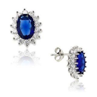 Elegant Princess Diana Replica Earrings 925 Sterling Silver with Oval Blue Sapphire CZ Design   Incl. ClassicDiamondHouse Free Gift Box & Cleaning Cloth: ClassicDiamondHouse: Jewelry