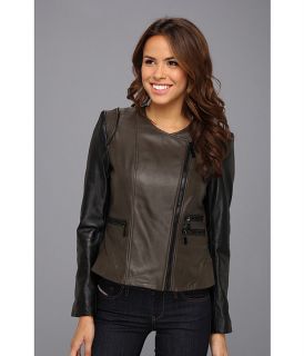 Vince Camuto Collarless Two Tone Leather Moto Jacket Olive/Black
