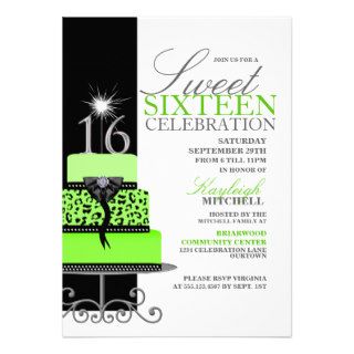 Cheetah Cake Green Sweet Sixteen Invitations