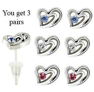 Hearts studs earrings   hypo allergic UPVC posts   white gold plated so looks like real   you get a set of 3 pairs   easy to wear, suitable for everyday wear: Jewelry
