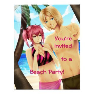 Cute anime couple beach party invitations
